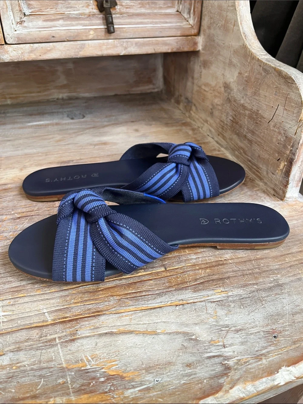 💙 Rothy's The Knot Slide Sandals Size 7 Cobalt Blue Stripe Summer
